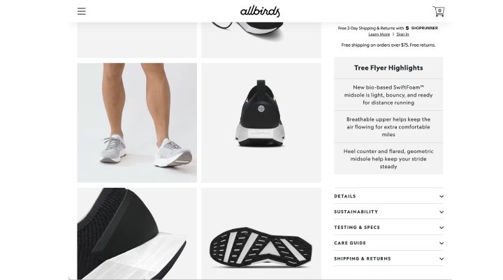 Allbirds use high quality images and product description on their online store