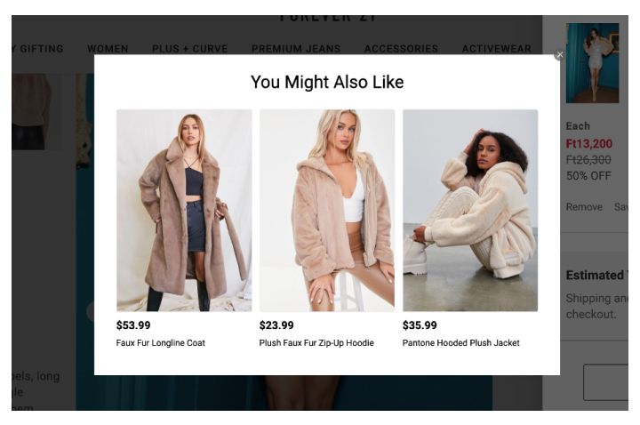 Forever21 offers "You might also like" product recommendations in popup.