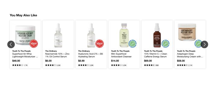 Sephora displays personalized product recommendations on their online store